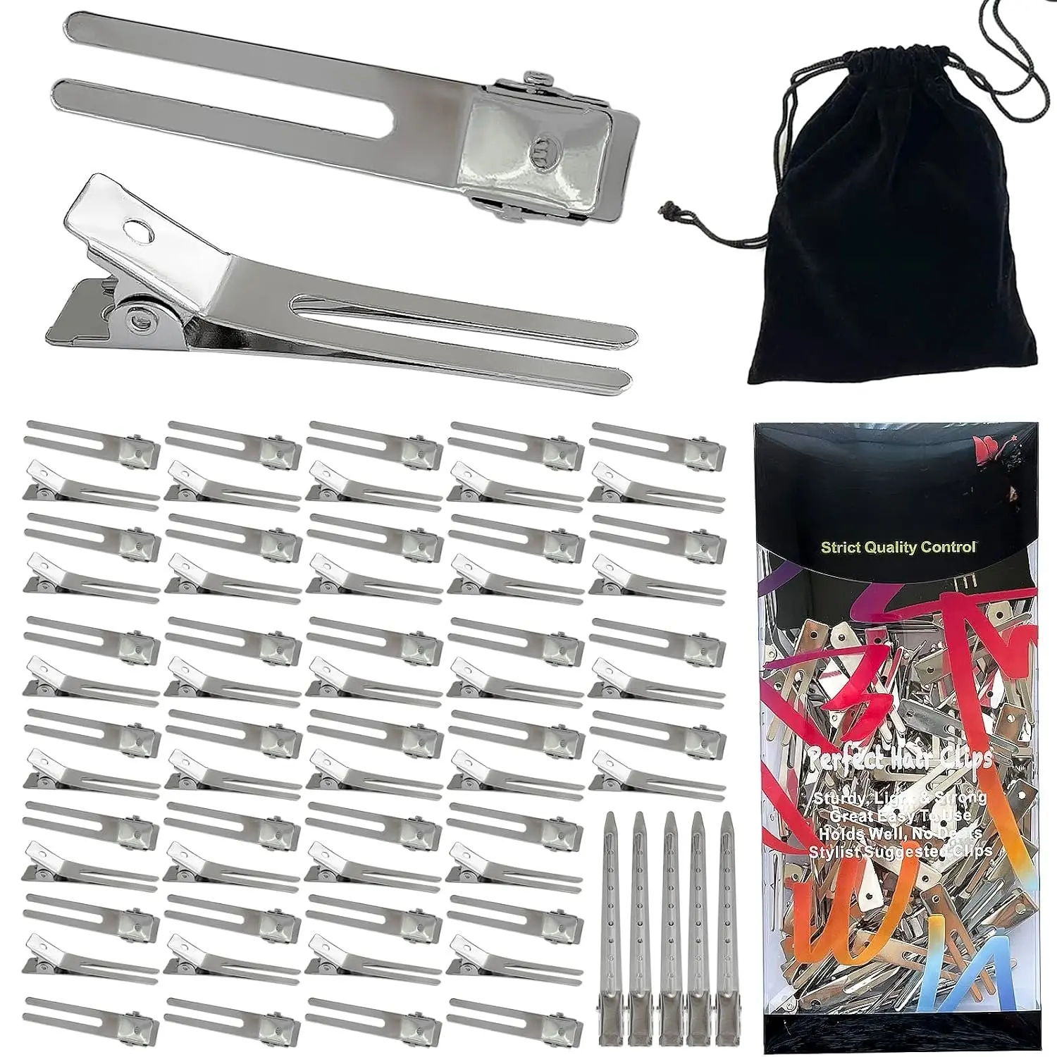 Metal  Double Prong Hair Clips for Women Pin  Loc Roller | 1.8 Inch 65 count Duckbill Clips Nonslip Rustproof  Hold Thick Curly Hair Sectioning Loc Retwist Dread Root Lift Styling