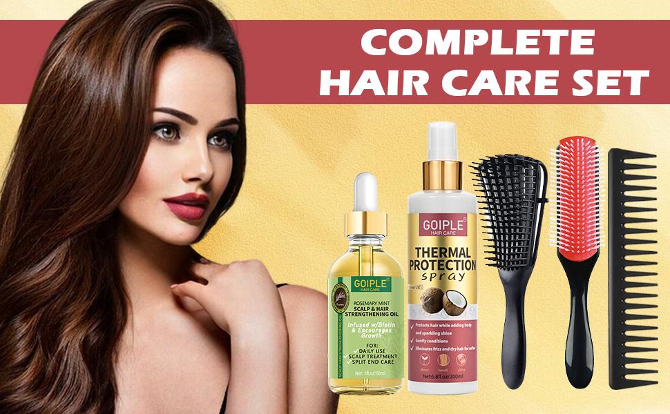 Coconut Heat Protection Spray and Rosemary Hair Growth Oil - Moisturize Detangling Brush Natural Ingredients Split Ends Thermal Protectant