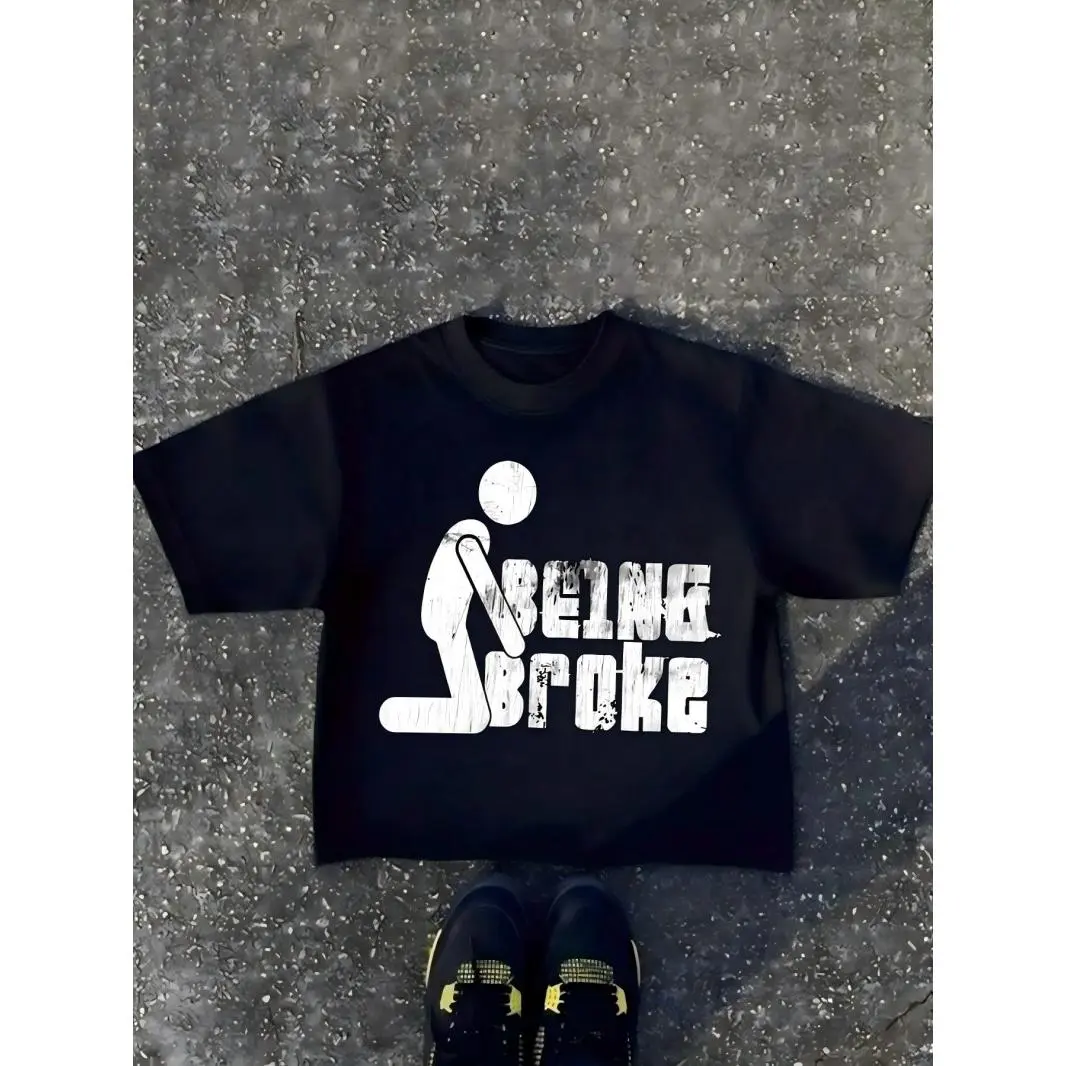 Men's Cotton Breathable Shortsleeve T-Shirt - Funny Being Broke Print, Soft Fabric, Casual Streetwear Top for Summer Daily Wear, Hanging Out with Friends, Menswear