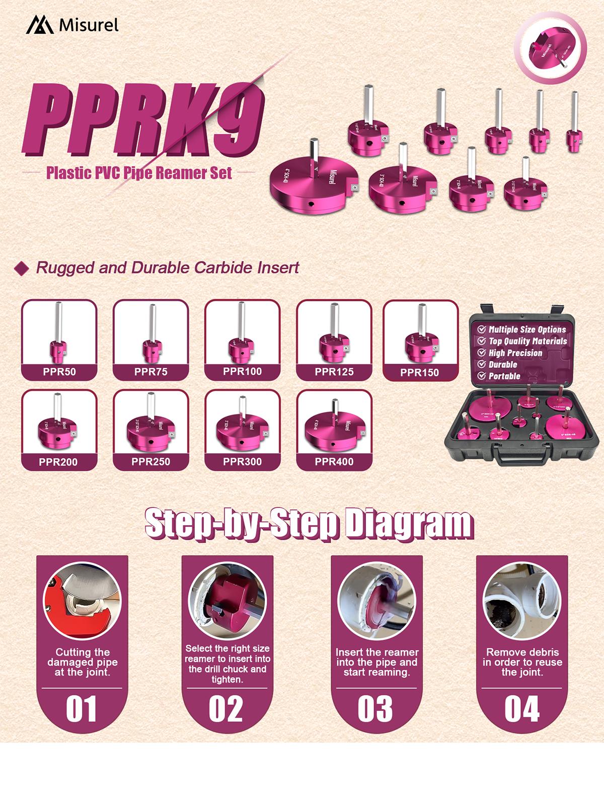 9-Piece  Pipe Reamer Kit - Precision Cutting  for  , CPVC, and ABS Pipes, Ideal for Pipe Repair and Plumbing Projects set spring punch tool home work