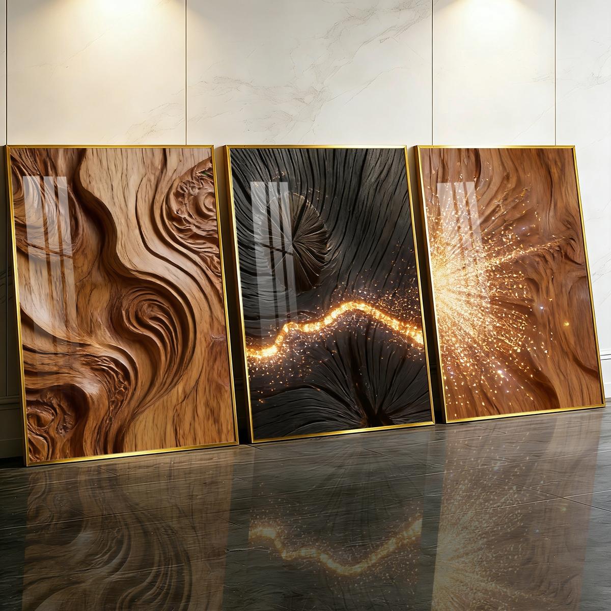 3 Counts Aluminum Alloy Framed Painting, Abstract Wood Texture And Golden Spark Art Pictures, Home Decoration For Living Room, Bedroom, Office, Restaurant, Hallway Wall Decor, Odorless Print Artwork, Luxury Perfect Gift For Friends And Family