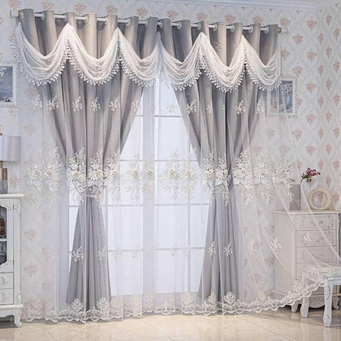 French Luxury Double Layer Sheer Curtain with Ruffle, Light Blocking, Princess Style, Suitable for Kids' Room, Living Room, Bedroom