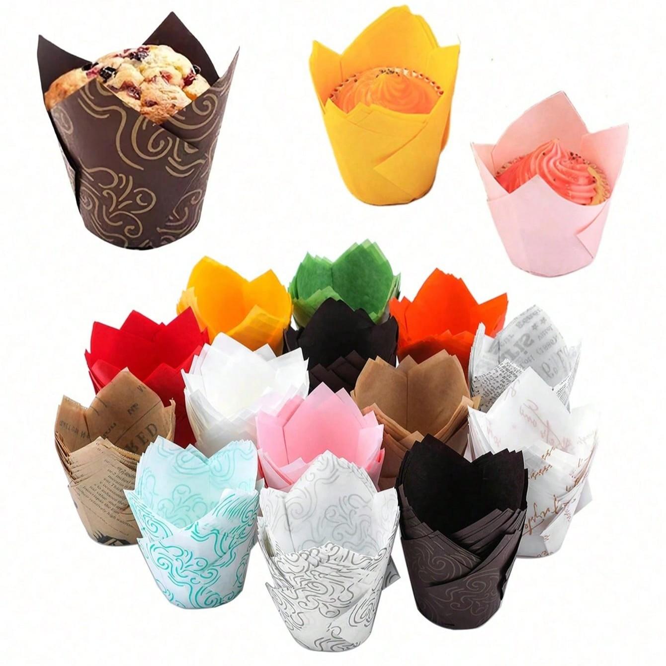 10/50pcs Tulip Paper Cupcake Liners, Muffin Cups, Flame Cups, Heat Resistant Baking Cups, Oil-Proof, Ideal for Holidays & Kitchen Storage