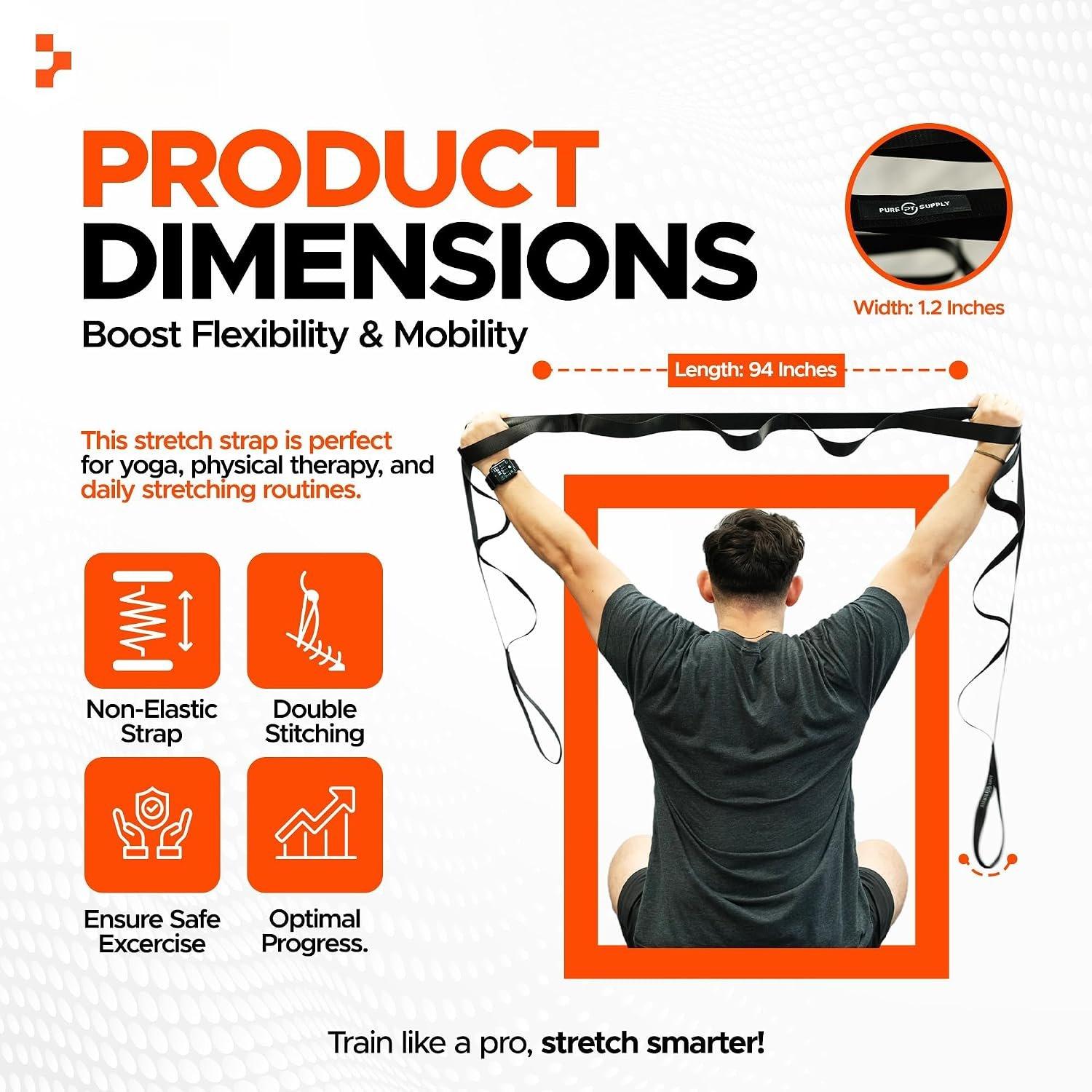 Stretching Strap, 10 Loops, Non-Elastic Stretch Strap, Yoga Strap | Flexibility , Non-Elastic,  &  Stretcher, Rehab, Pilates,  & Gym Use, Workout Guide Included