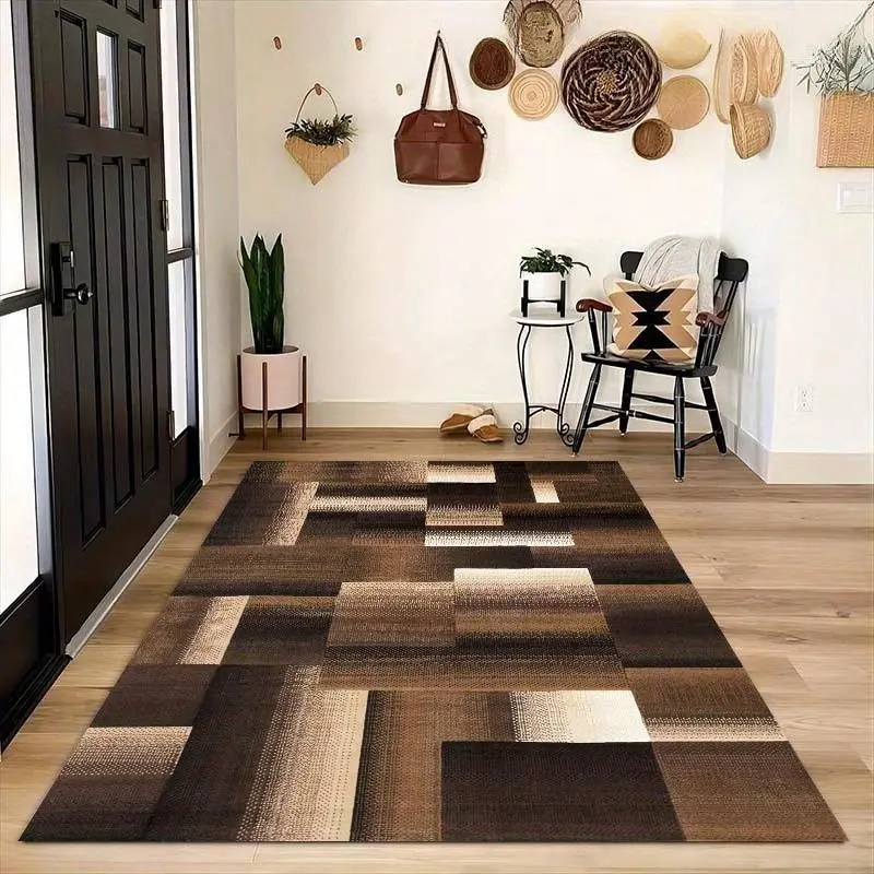 5x7 Large Area Rug Made of Golden Diamond Velvet, Featuring a Non-Slip Dotted Plastic Backing And a Patterned Design on The Bottom. It Has a Gradient Brown Checkered Texture, Anti-Dust Area Rugs, Grippy Area Rugs