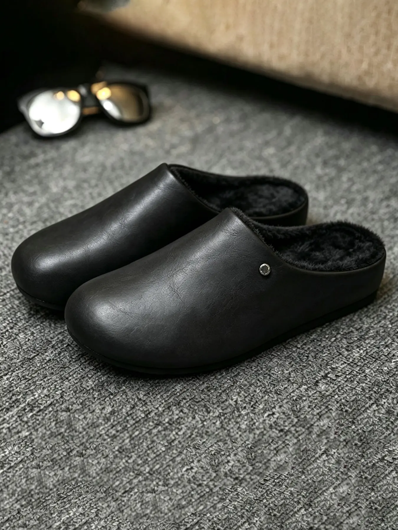 Men's Winter Fur Lined Mule Clogs, Warm Plush Inside, Waterproof PU Upper, Slip On Closed Toe Slippers, Comfort Flat Shoes, Indoor Outdoor Use, Anti Slip Sole, Large Sizes Available