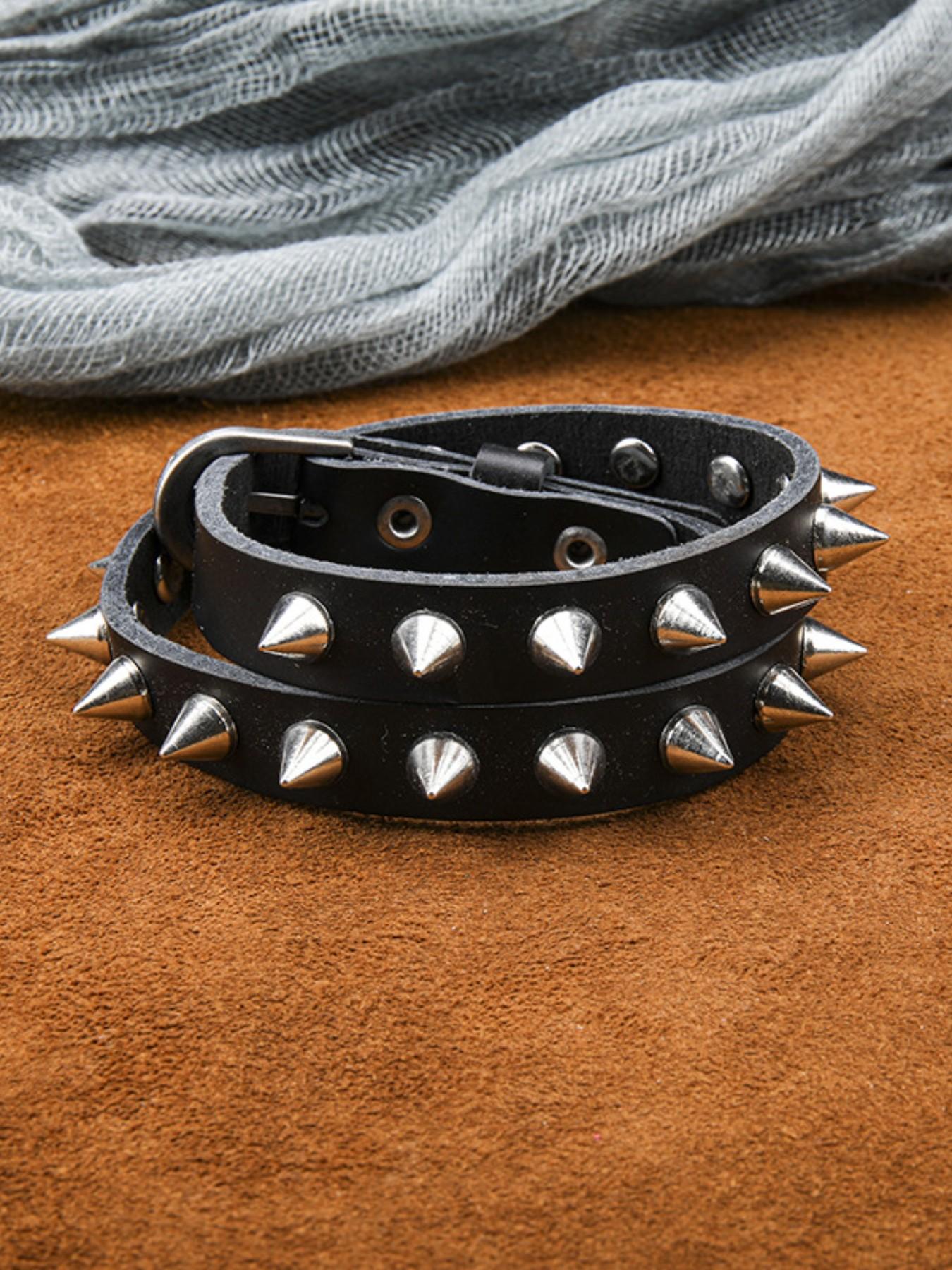 Punk Spike Leather Wrap Bracelet for Men Women –Studded Cuff with Irregular Wrap Design, Vintage Gothic Rock Bangle, Adjustable Black Wristband, Unique Singles Party Gift for Him Her