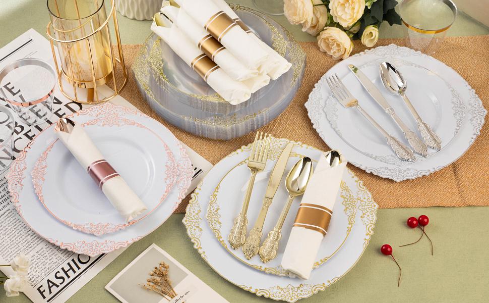 Bestluck 350PCS Silver Plastic Dinnerware Set for 50 Guests Includes 100 Plates 50 Silverware Sets 50 Napkins & Cups Vintage Gold Rim Elegant Disposable Perfect for Weddings Parties Special Events