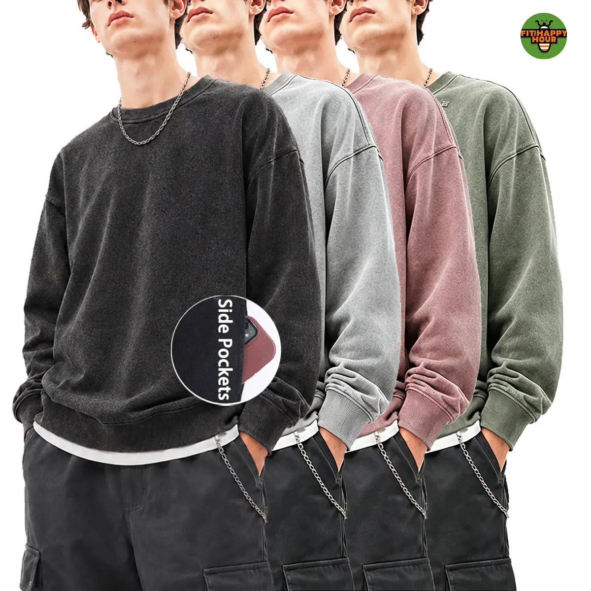 Men's 400G Heavyweight Washed Crew Neck Sweatshirt, French Terry Lined Pullover With Side Pockets, Vintage Streetwear Top For Daily Casual, Outdoor, Workout