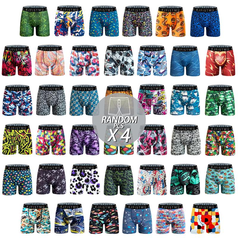 4 pieces of KJFISTMU men's boxer shorts, random 4-piece set, men's stylish printed graffiti sports underwear, comfortable fit, breathable and quick-drying. Street Style Graphics Casual Polyester Menswear