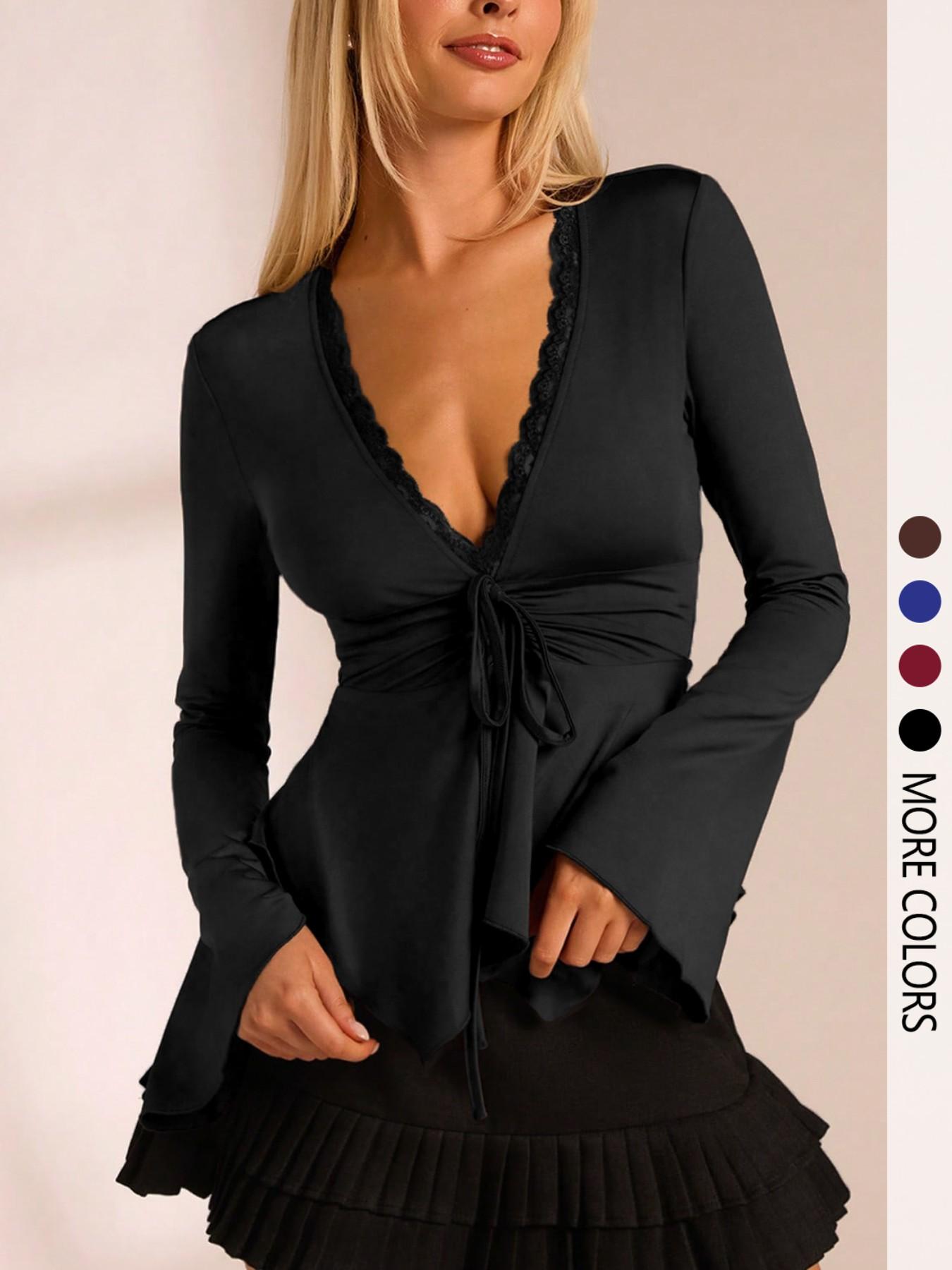 Women's street style slim V-neck long-sleeved bohemian style tie-front sexy top with lace patchwork design, fashionable, casual, everyday and sexy women's clothing for spring and autumn.