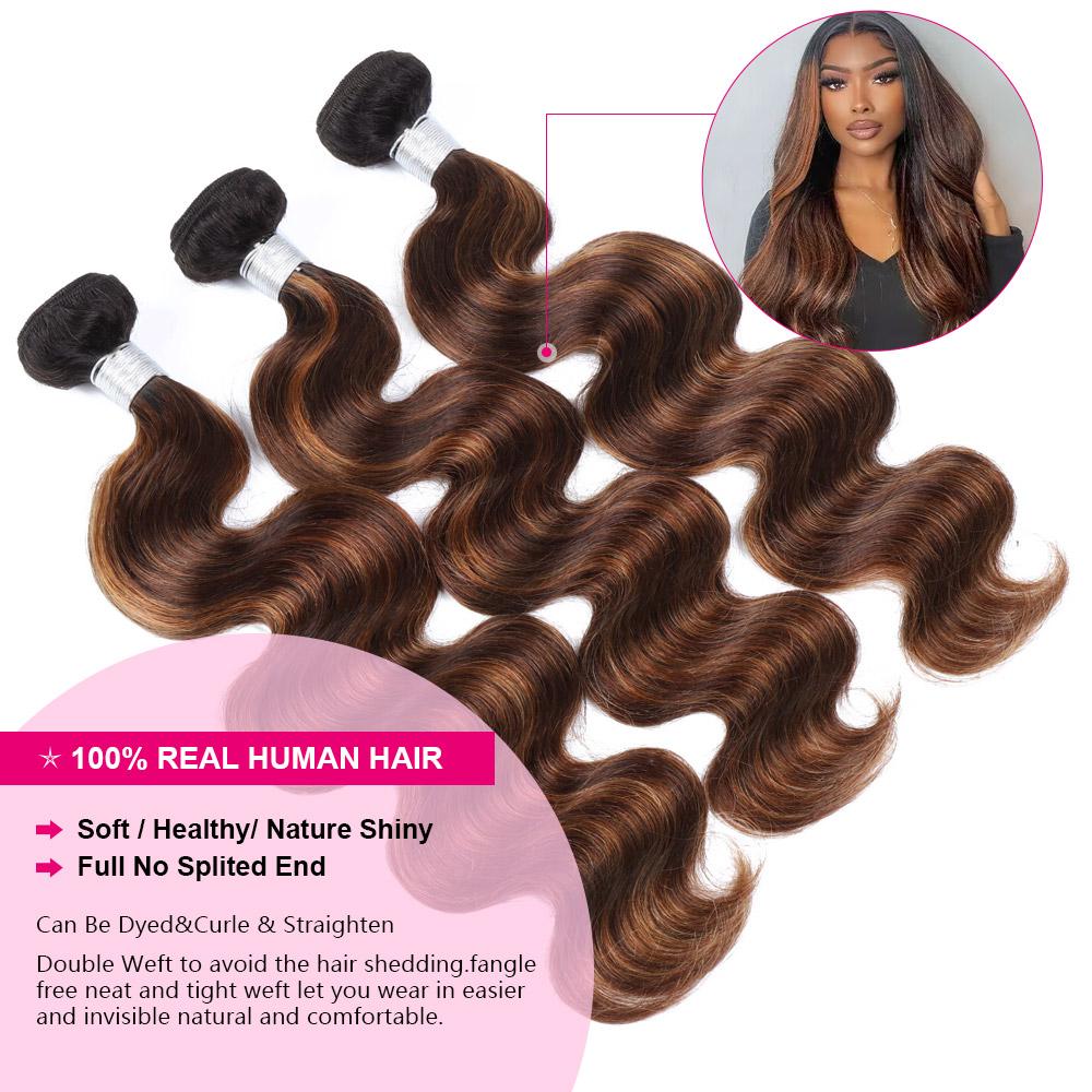 Ishow Brown Highlight Body Wave Bundles Brazilian Ombre Brown Bundles Human Hair Sew in Colored Quick Weave Bundles Human Hair with 4x4 Closure