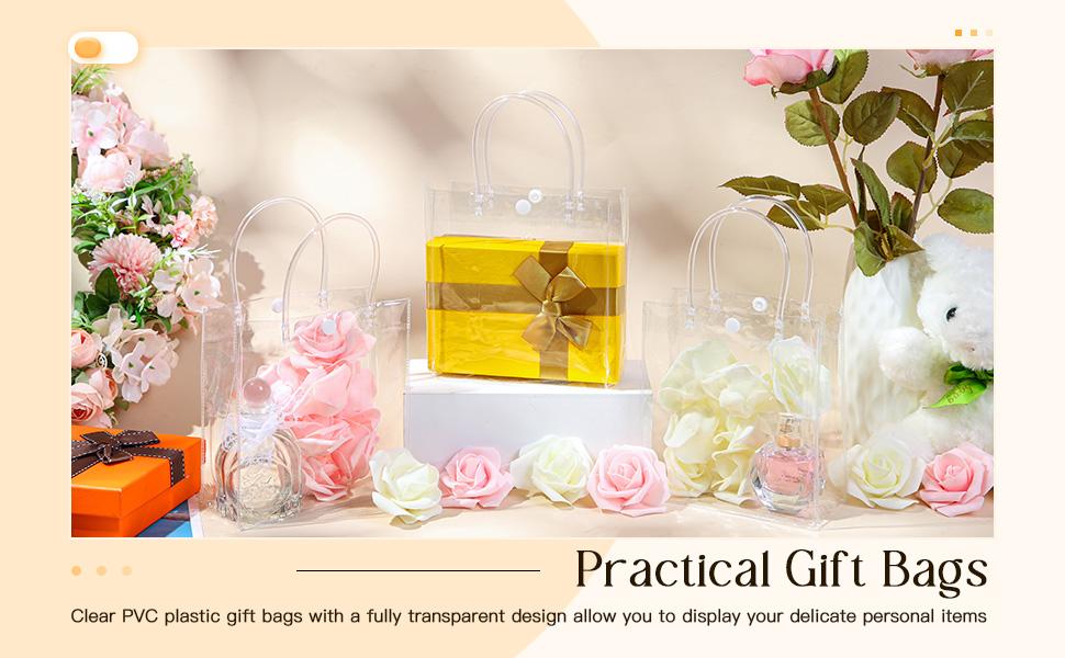 50 pcs Wedding Clear Plastic Gift Bags with Handles PVC Reusable Goodie Bags Transparent Totes Bags for Candy Flower Wedding Graduation Back to School End of Year Birthday Galentine Party