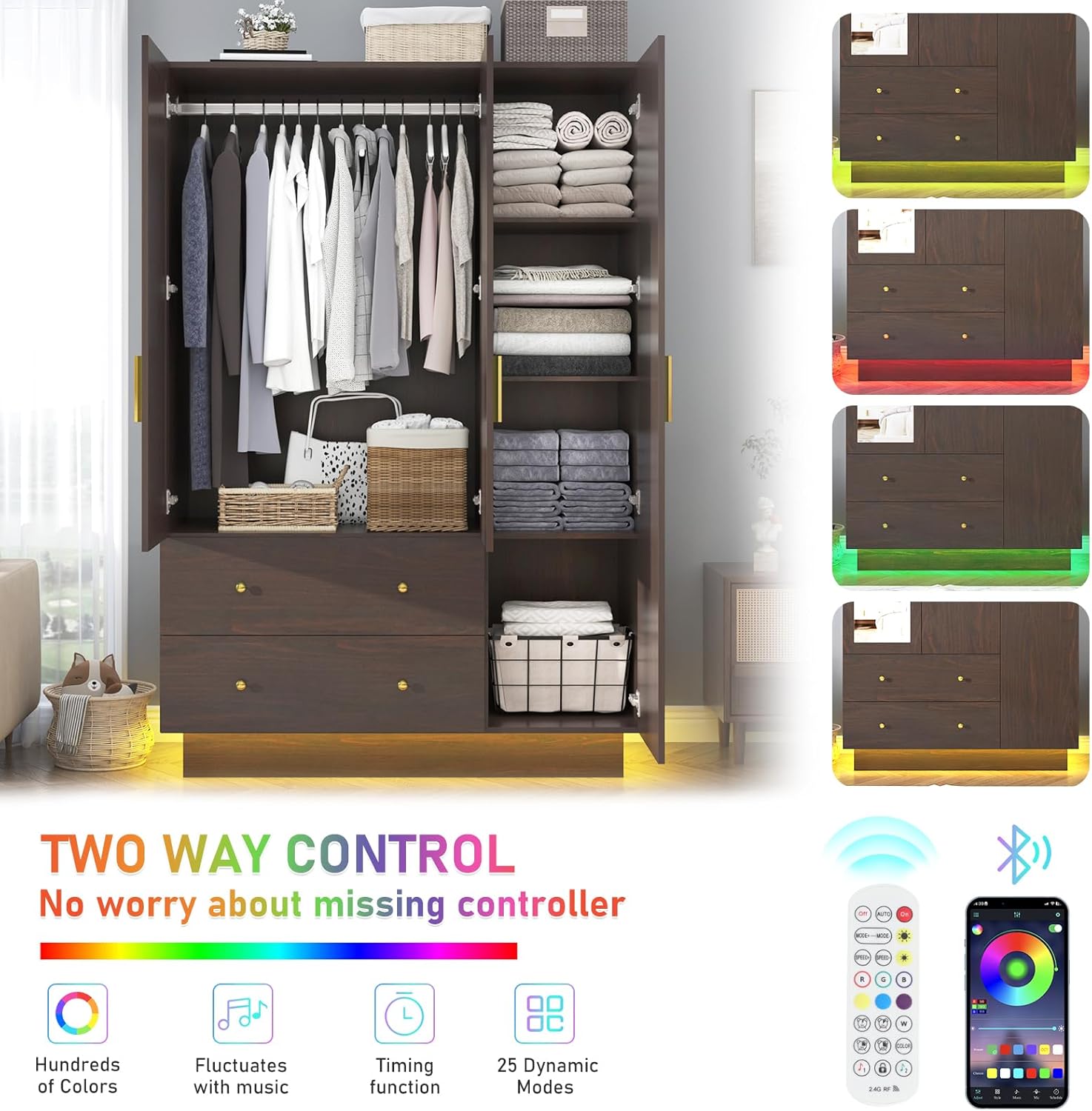 3 Doors Armoire Wardrobe Closet with Mirror, LED Armoire with Doors and Drawers, Wooden Armoire Storage Cabinet with Hanging Rod, Adjustable Shelves, (White/Black/brown）