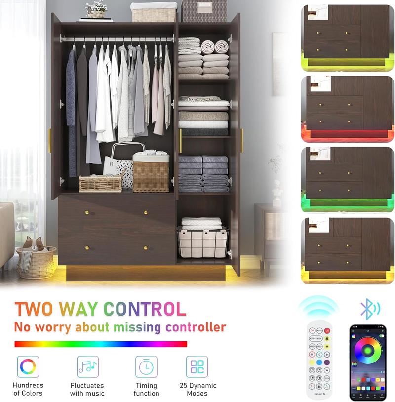 3 Doors Armoire Wardrobe Closet with Mirror, LED Armoire with Doors and Drawers, Wooden Armoire Storage Cabinet with Hanging Rod, Adjustable Shelves, (White/Black/brown）