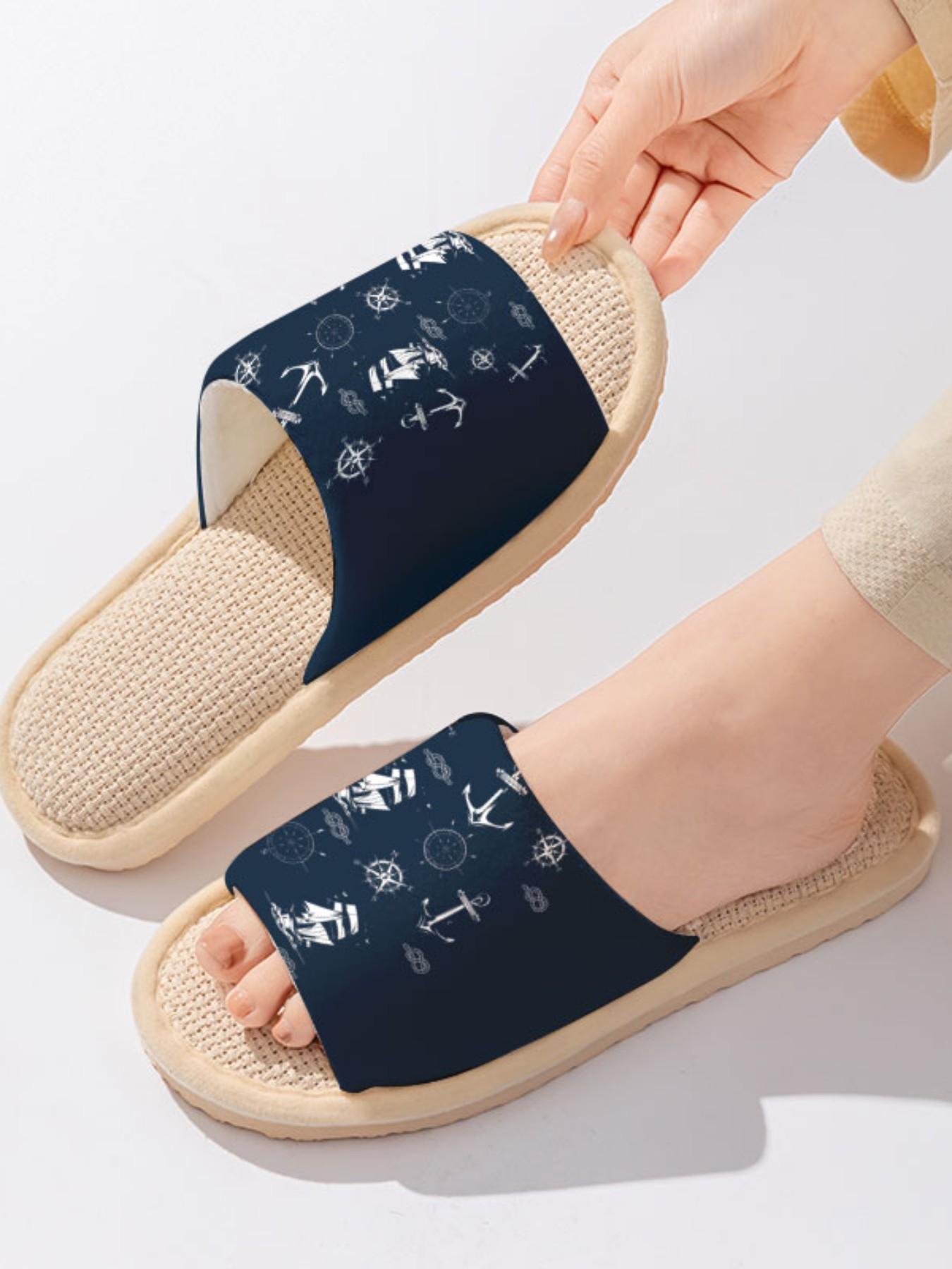 Nautical Compass Linen Slippers, Vintage Nautical Style, Breathable Non-Slip Sole, Bedroom Living Room Daily Wear, Casual Shoes
