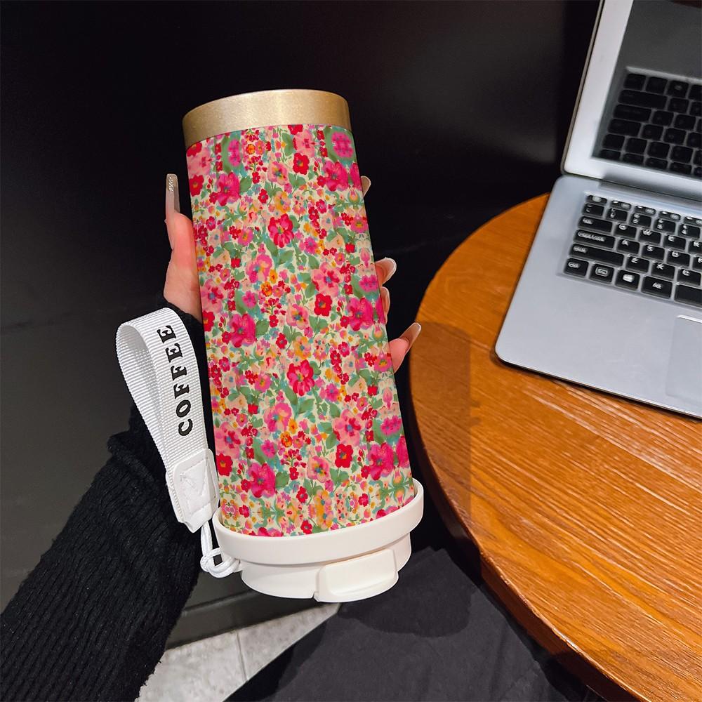 Fashionable Oil Painting Floral Vine Texture Coffee Cup, Portable Dual Drink Insulated Mug, Heat/cool Keeper, Office Travel Essential
