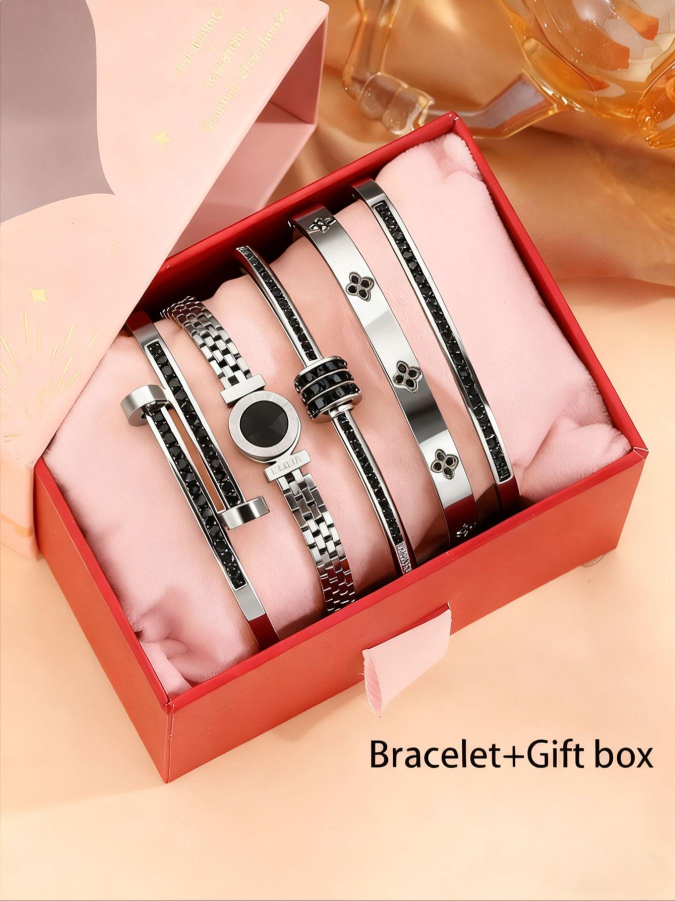 5-piece Set Of Unisex's Elegant and Luxurious 304 Stainless Steel Bracelets with Gift Box, High-quality and Fashionable Items for Christmas Gift, Birthday Gift Box and Stackable Bracelets