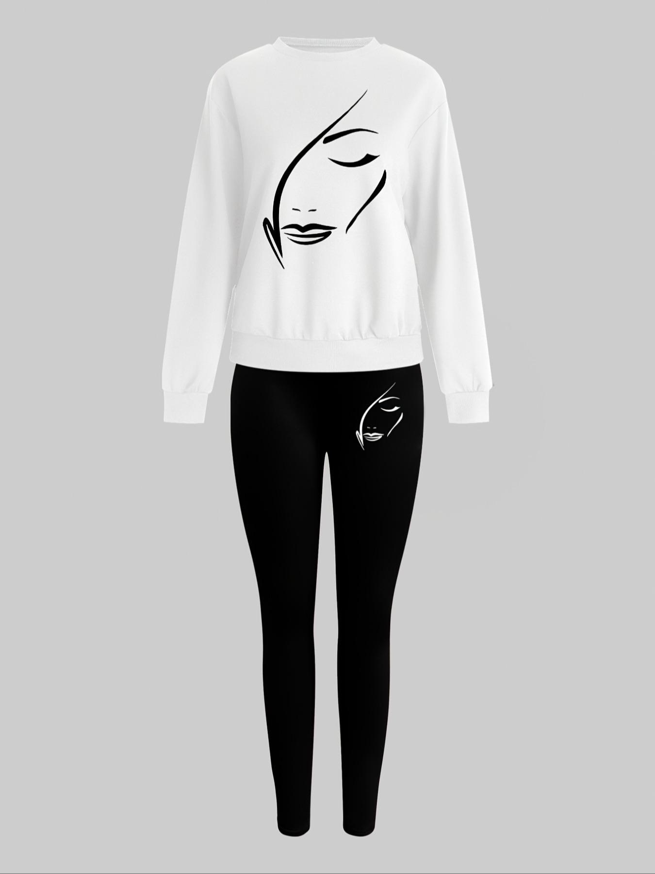 Women's 2-Piece Sweatshirt Set, Face Print Round Neck Long Sleeve Top, Long Pants, Casual Fall Winter, Holiday Sale