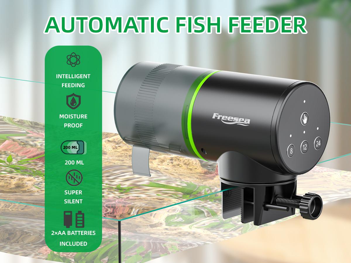 FREESEA Automatic Fish Feeder for Aquarium: Auto Fish Food Dispenser with Timer for Small Tank Betta Turtle - Battery Vacation Self Feeding for Flakes