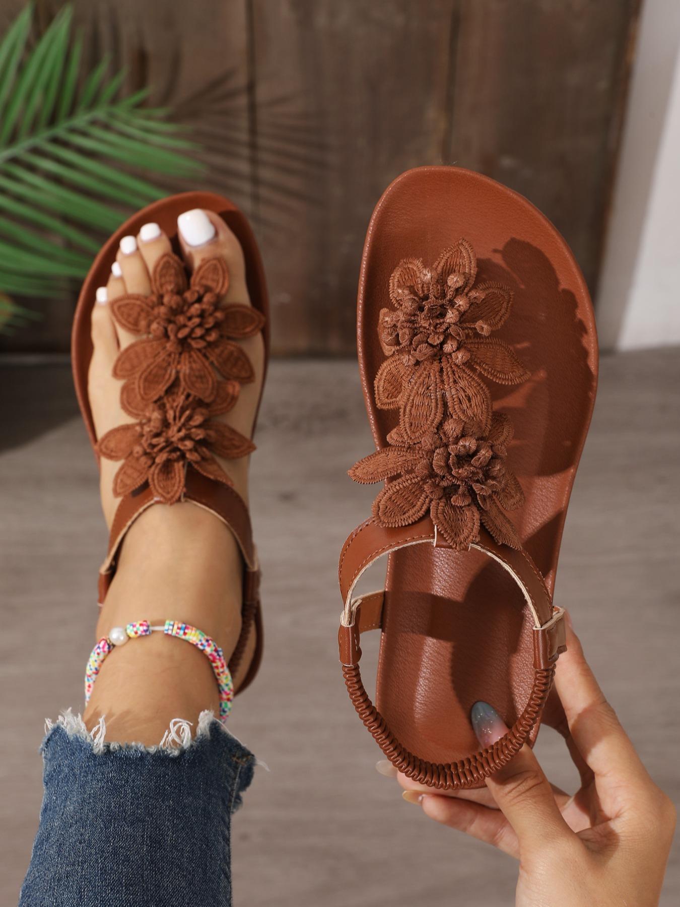 Women's Elegant Floral Sandals, Summer Fairy Tale Style, Toe Thong Design, Textile Upper, Anti-Slip Rubber Sole, Medium Width