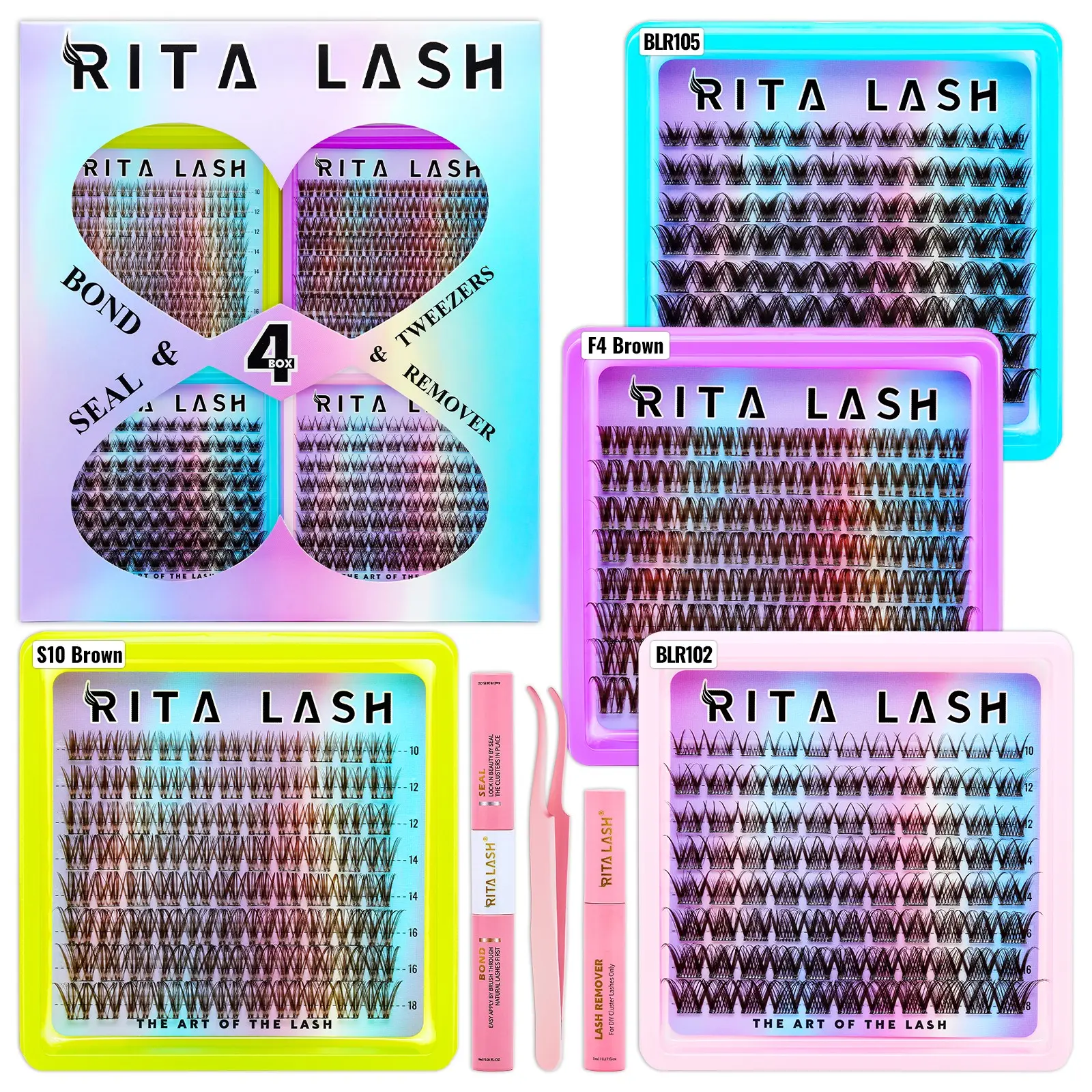 RITALASH 368Pcs 4 Boxes Lashes Mixed Brown & Black Lash Clusters Kit, Volume Lash Clusters, WaterProof Lash Clusters Eyelash Extensions with All You Need for Beginners & Pros, DIY at Home, Easy Apply Natural Look for Makeup Daily Life