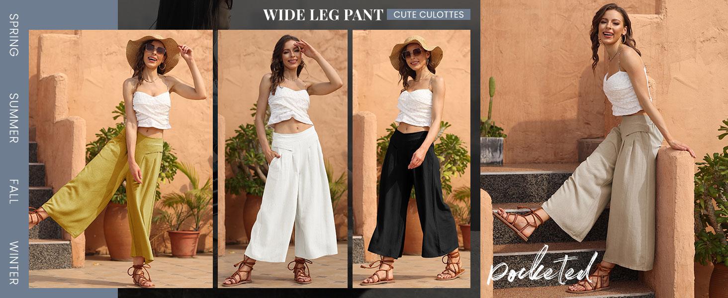 Tanming Women's Cotton Linen Culottes Pants Elastic Waist Wide Leg Palazzo Trousers Capri Pants with Pockets