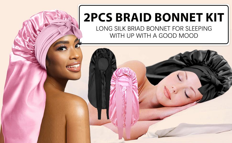 【Spring Glow-Up】2 Count Satin Braid Bonnet for Women - Large Silk Sleep Cap with Stretchy Tie Band for Braids Soft Haircare Elastic Heatless Winter‘s giftforher
