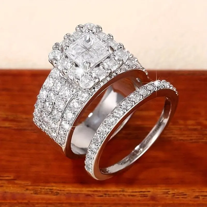 Women's Silver-Plated Paved Double Row Jewelry Stack Ring - Dainty Piece with Photoready Sparkle for Engagement, Wedding Parties (Wedding Rings Included)