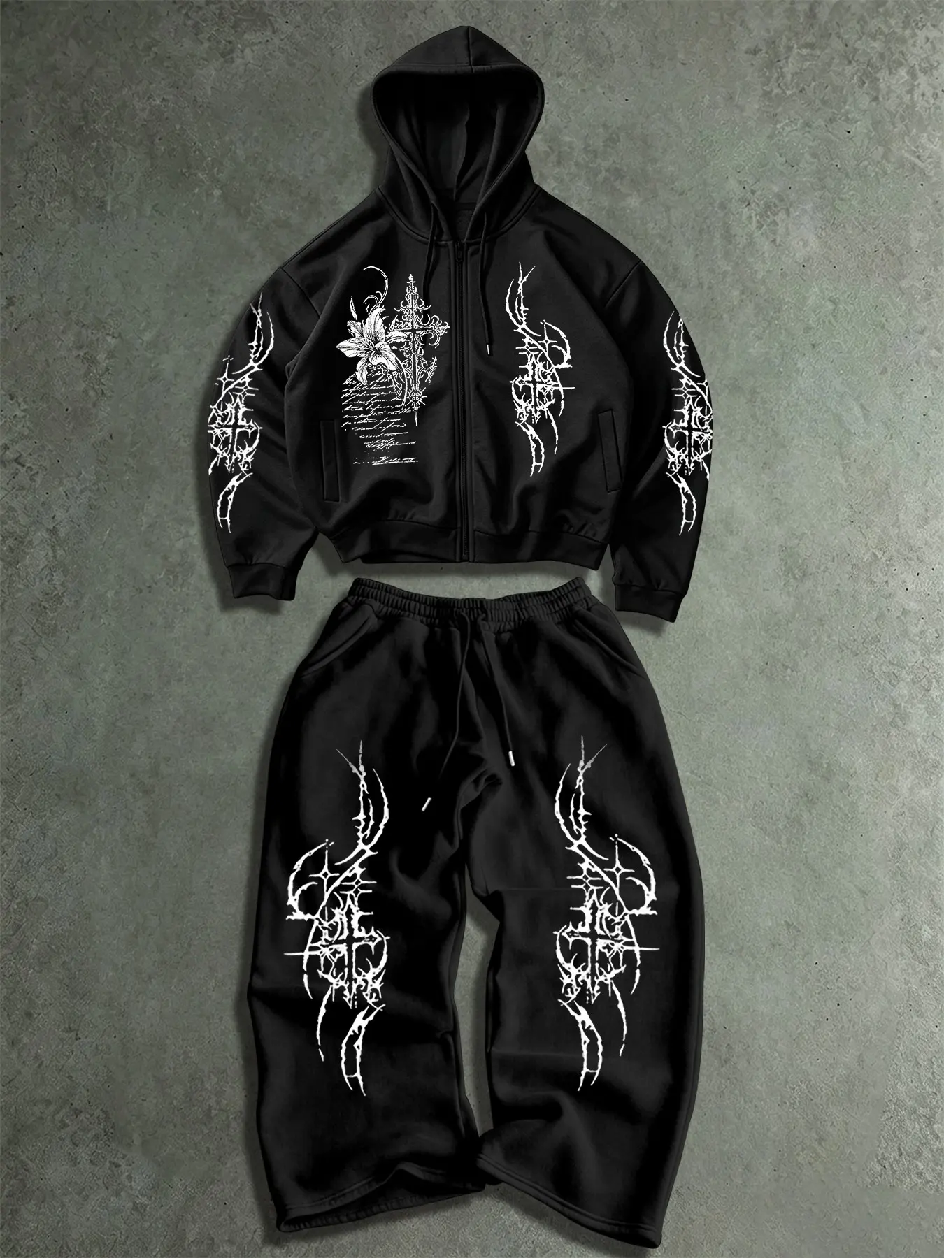Men Y2K 2-Piece Streetwear Tracksuit, Full-Zip Drawstring Hoodie + Elastic Waist Drawstring Straight Leg Sweatpants, Gothic Cross Lily Thorn Letter Graphic Print, Loose Alt Casual 2-Piece Outfit#MensSets #GothStreetwear#ViralClothing #TikTokViral