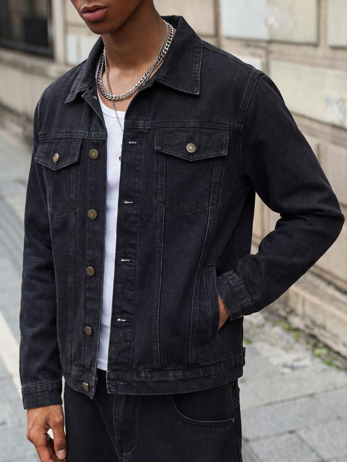 Men's Vintage Washed Black Denim Jacket for Autumn and Winter, Work Jacket with Metal Buttons and Turned Collar, Distressed Cropped Outerwear, Street Vintage Boyfriend Casual Style Top