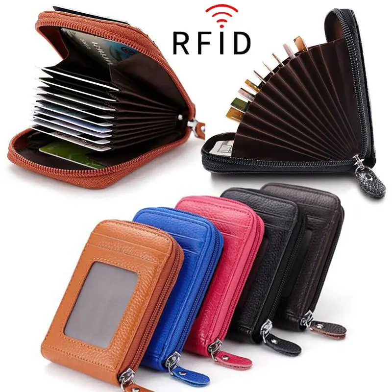 RFID Blocking Accordion Card Holder Faux Leather Full Zipper Wallet 9 Card Slots with Clear ID Window Multi Color Mini Credit Card Organizer for Men Women