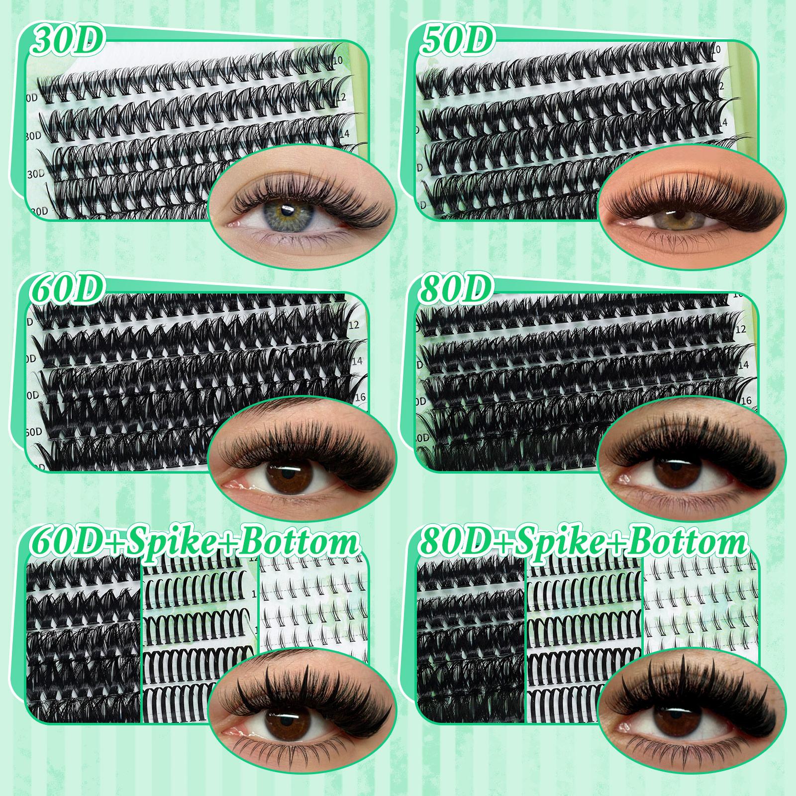 1480PCS/650PCS/640PCS Lash Clusters Kit D Curl 9 Styles Bottom/Spikes/Natural/Anime Lashes Kit with Bond&Seal Lash Remover Brush Lash Applicator Headband Wristband set, Individual Eyelash Kit, DIY Eyelash Kit, Lash Extensions Kit, For Beginners&Proficient