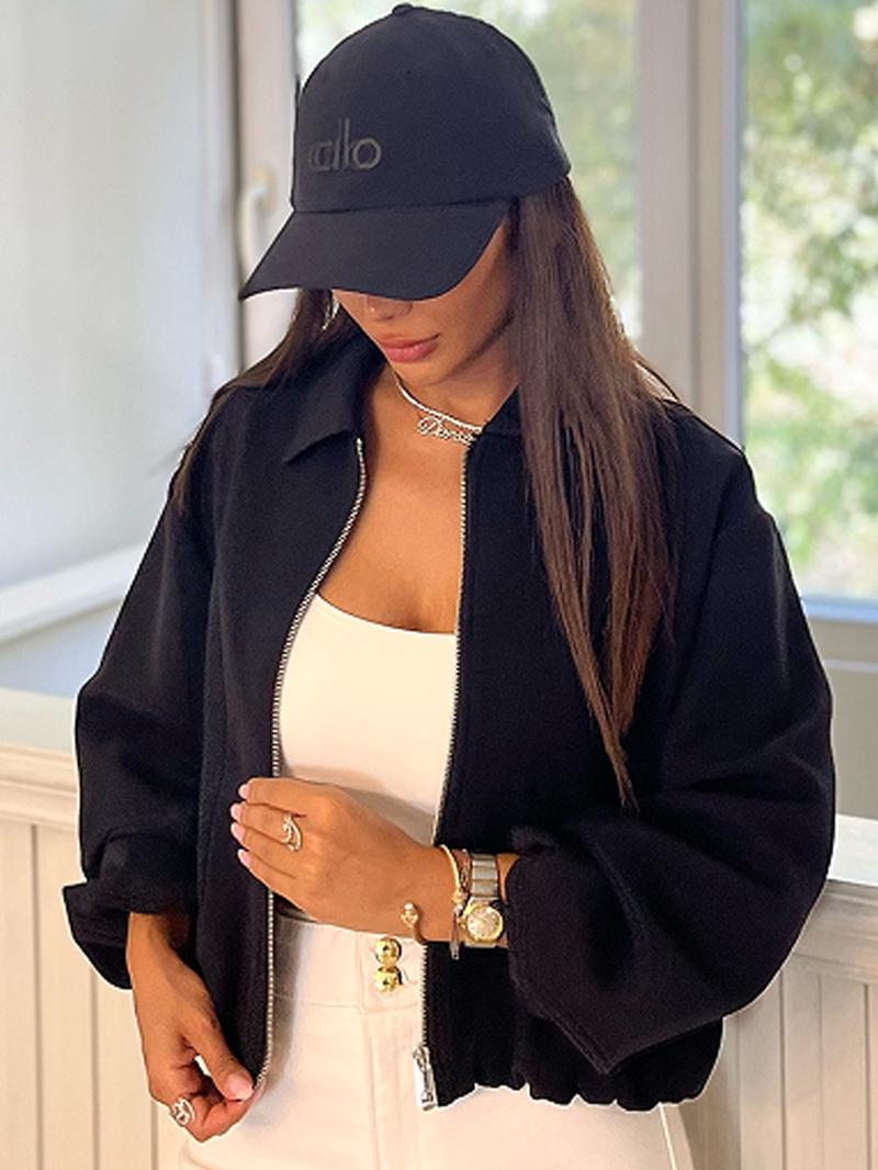 Casual Crop Oversized Puff Jacket Jacket Women's Jacket Spring 2026 Beige Khaki Black Outerwears Zip-Up Lapel Collar Long Sleeve Tops Streetwear Outfits & Weekend Hangouts Coat