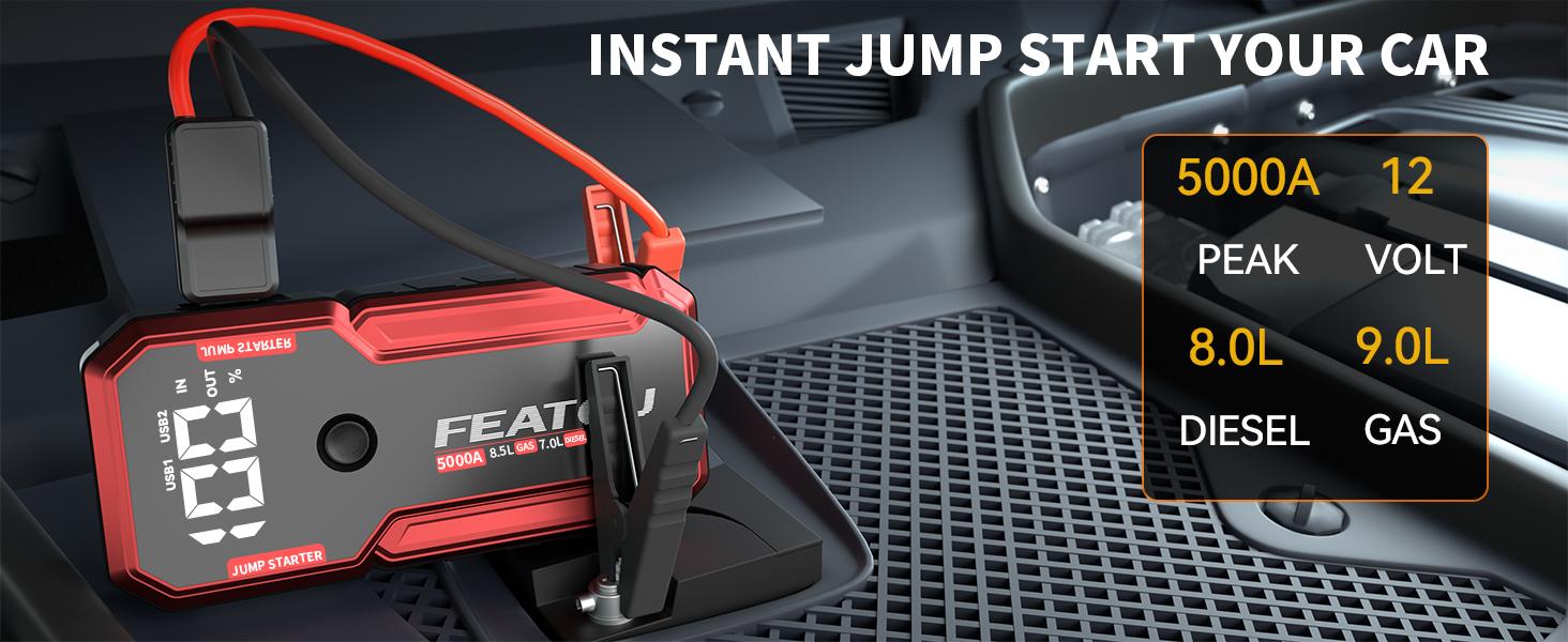 20000mAh Portable Jump starterwith ，12V Car Battery Jump Box, 9L Gas & 8LDiesel Engines, Wireless, SafeClamps for Easy Use cable Automotive Tool Kit