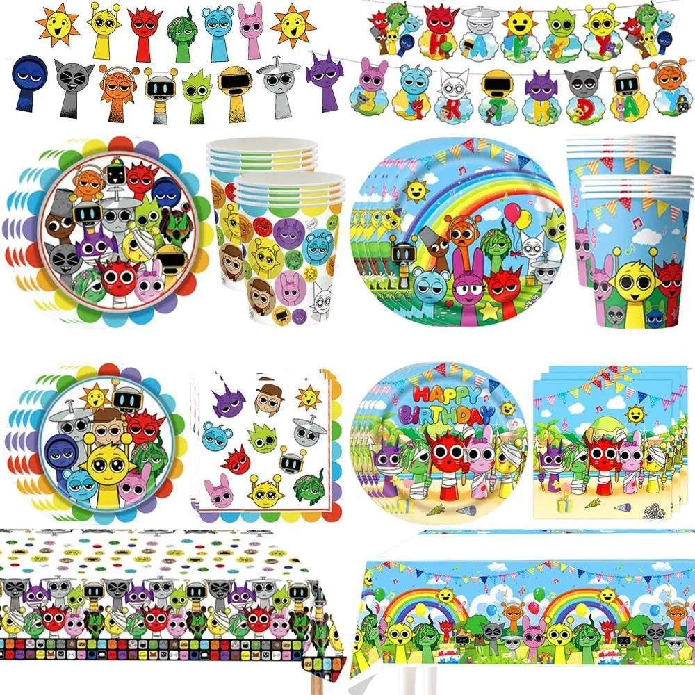 New Sprunkis Theme Birthday Party Decorations Hot Game Cups Plates Banner Tableware Set for Baby Shower Party Favors Kids Gifts