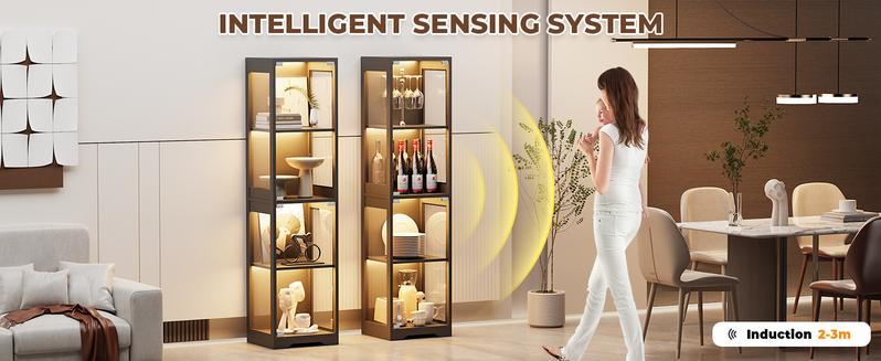 BROTTAR Display Cabinet with Glass Doors, 4-Tier Display Case with 3 Color Lights for Collectibles, Display Shelves with Human Body Sensor, Black BROTTAR Display Cabinet with Glass Doors, 4-Tier Display Case with 3 Color Lights for Collectibles, Display Shelves with Human Body Sensor, Black