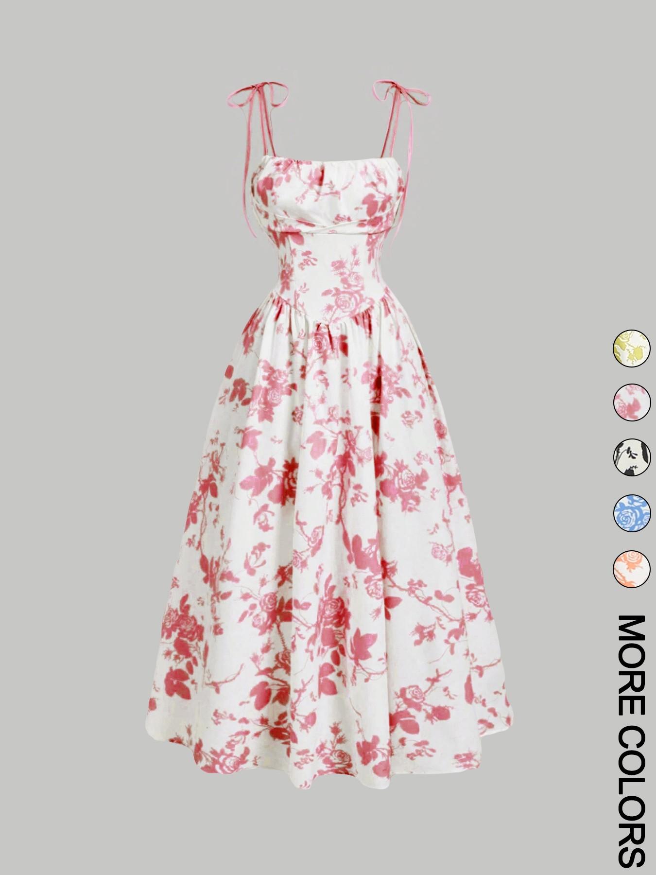 Women's Floral Print Tie Shoulder Cami Dress, Fashion Casual Sleeveless Spaghetti Strap Dress for Daily Outdoor Wear, Women Dress for Summer Women's Floral Print Tie Shoulder Cami Dress, Fashion Casual Sleeveless Spaghetti Strap Dress for Daily Outdoor Wear, Women Dress for Summer