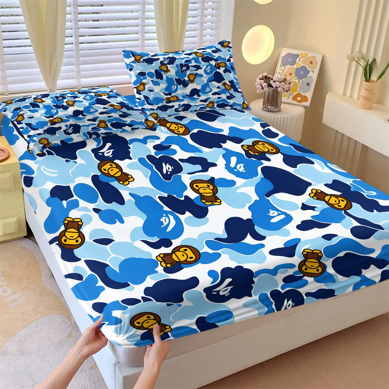 Streetwear Blue Camo Cartoon Baby Ape Fitted Sheet Set, 1 Fitted Sheet + 2 Pillowcases - 3 Piece, Soft Microfiber Deep Pocket Design All Season, Urban Street Style Bedroom Decoration, Gift for Hypebeast & Streetwear Enthusiast