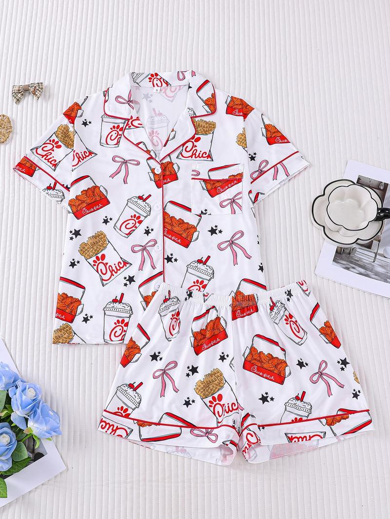 2-Piece Spring/Summer Set: Full-body Fries, Fried Chicken, Bow, Star, Beverage Print Short Sleeve Shorts - Soft & Comfortable Top with Small Pockets, Turned-Down Collar, Elastic Waistband - Suitable for Year-Round Home, Casual, Everyday Wear, Sleepwear