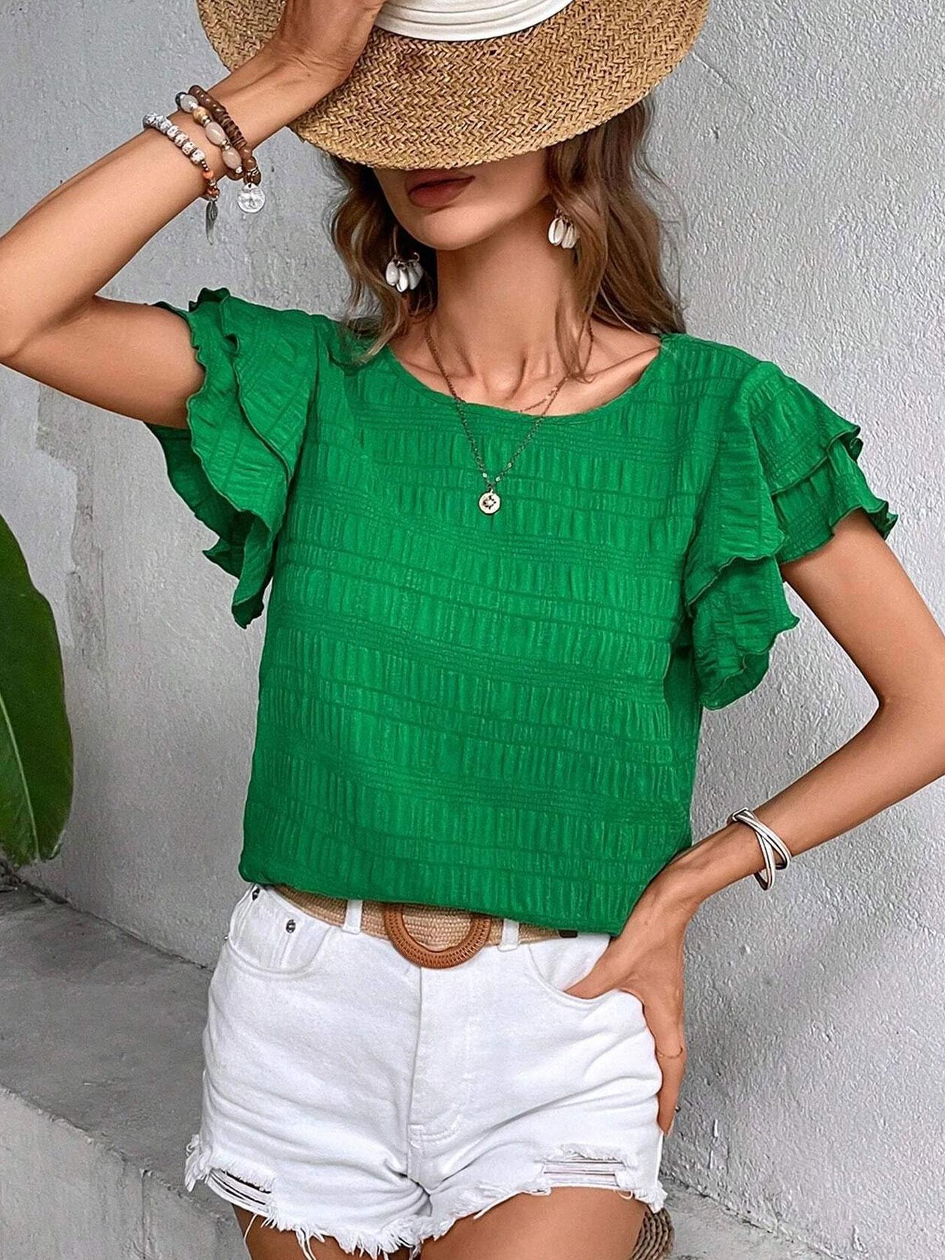 A women's solid color double-layer ruffled sleeve round neck elegant Casual pullover T-shirt Top, suitable for summer, daily commuting, and home wear, Womenswear