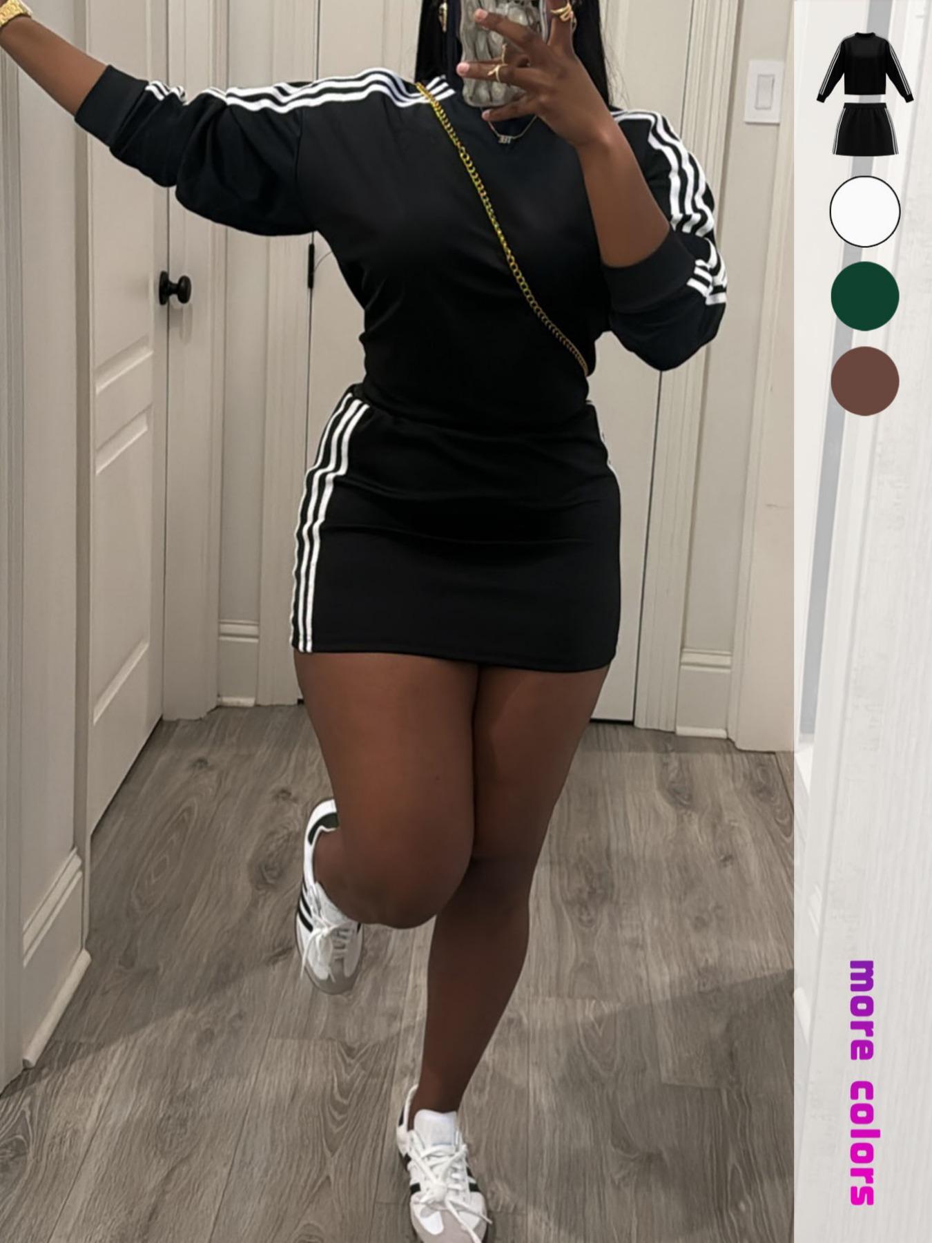 Women's Sporty Fitted Short Dress Set, Sportswear Set, Sportswear For Gym, Long Sleeve Slim Fit Casual Two-Piece, Trendy Comfortable Clothing for Everyday Wear