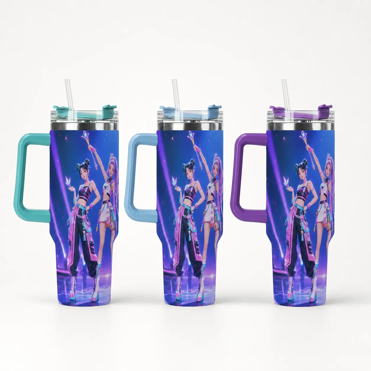 40oz Stainless Steel Anime Idol Travel Tumbler with Handle and Straw – Sweat-Proof Vacuum Insulated Mug, Fits Car Cup Holders