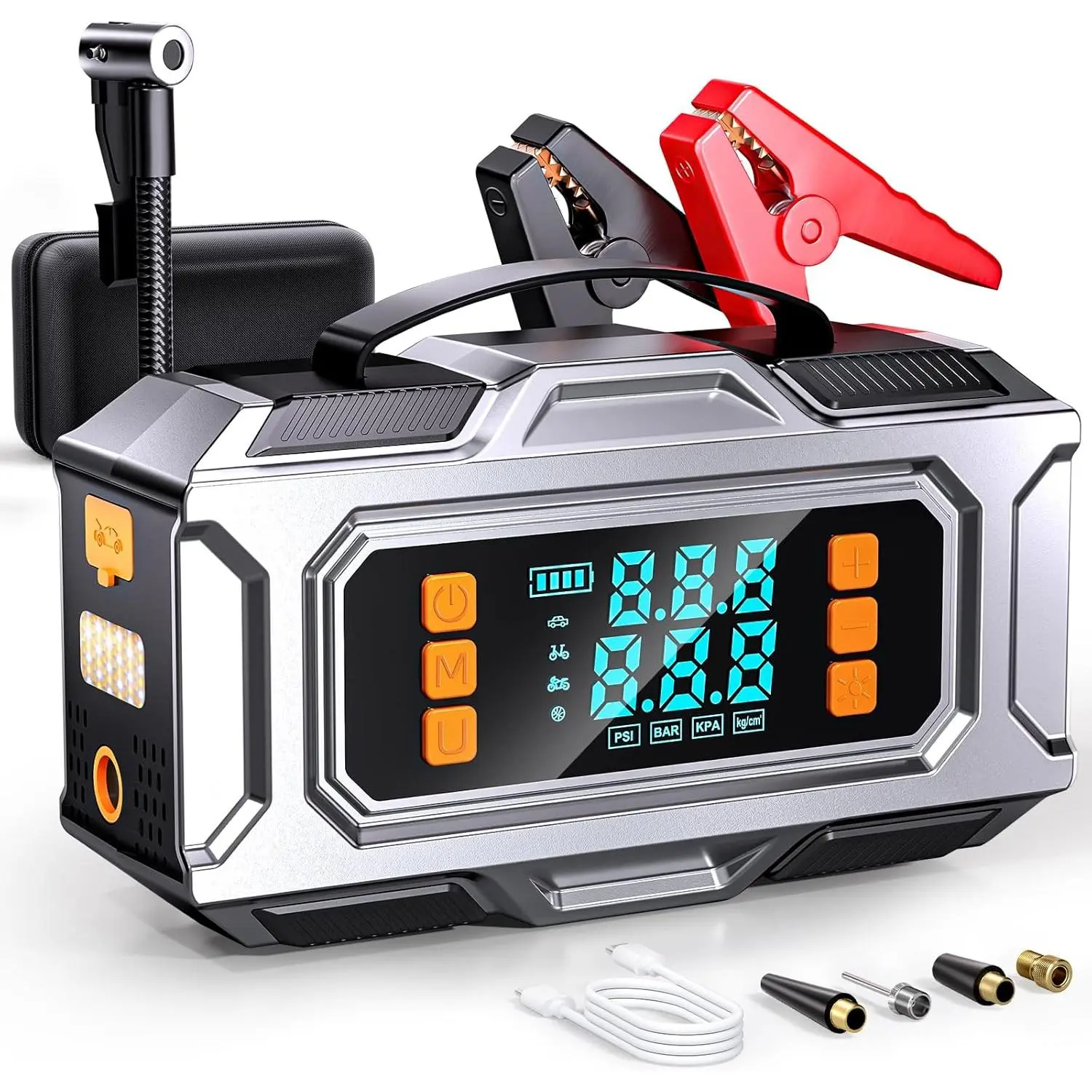 8000A Jump Starter with Air Compressor, 180PSI Auto-Shutoff Tire Inflator |   12V Car Battery Jumper Starter Portable (9L Gas/8L Diesel) Engines, Jump Box with Jumper Cables, LED Light, Power Bank