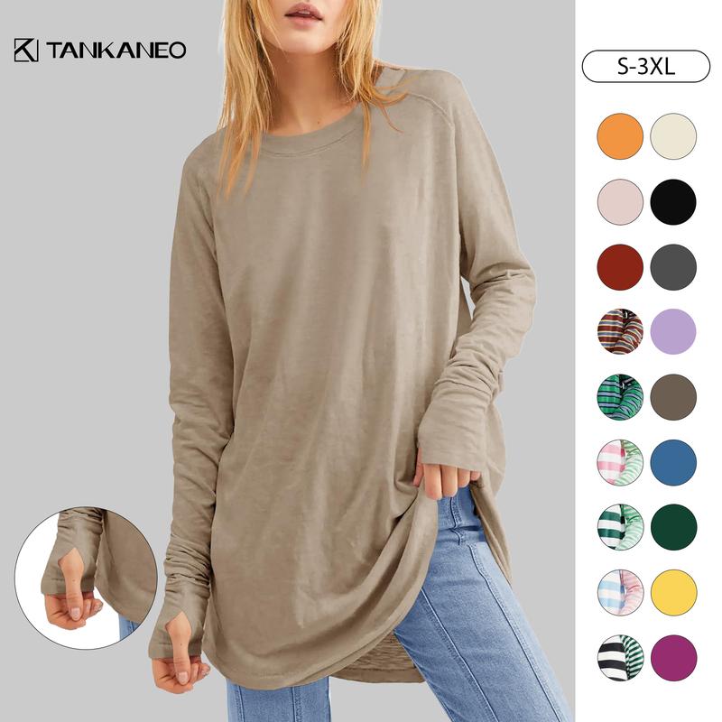 Tankaneo Women's Casual Crewneck Knitting Full Sleeves Basic Tee - Lightweight Polyester Blend Loose-Fit Medium Length Tunic Top with Thumb Holes, Machine Washable, Streetwear for Fall, Spring