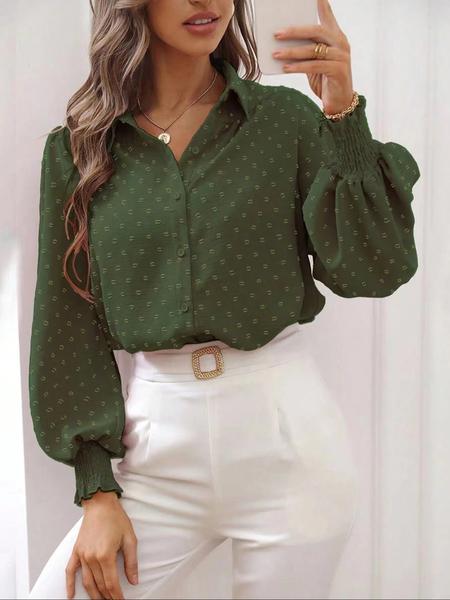 Elegant Textured Fabric Lantern Sleeve Shirt Blouse for Spring & Fall, Perfect for Work & Daily Wear, Stylish Plain Design