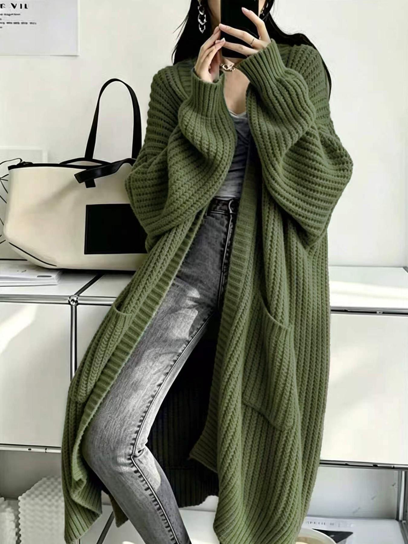 Women's Fashionable Elegant Casual Commuter Knit Long Cardigan, Long Sleeves, Stylish Versatile Outerwear for Fall and Winter, Comfortable and Warm Sweater Coat