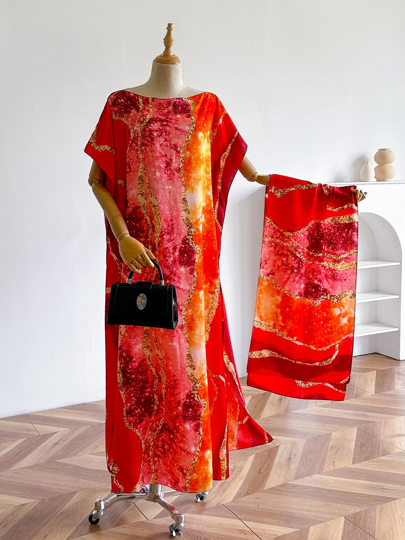 Women's Colorblock Print Long Scarf & Poncho Set, Casual Soft Comfortable Shawl for Beach Vacation, Fashion Accessories for Women & Girls