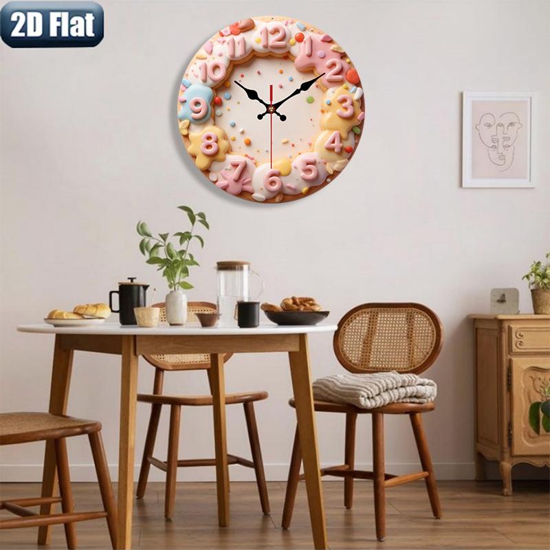 2D flat design. 1 piece set. Sweet Donut Cookie Creative Wall Clock, Silent Decorative Wall Clock, Creative Wall Clock, Suitable for Bedroom, Living Room, Office Decoration, 25/30 cm (excluding AA batteries), 2D Flat Version