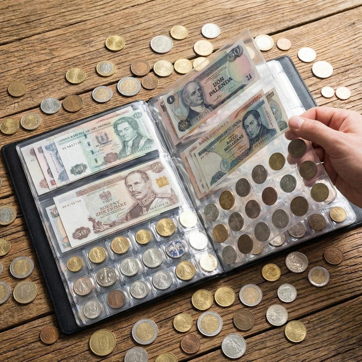 Coin Collection Album, Large Capacity Coin Currency Holder, 2-In-1 Stamp Bill Book, Coin Storage Album for Bills, Pennies, 25 Cent Coins